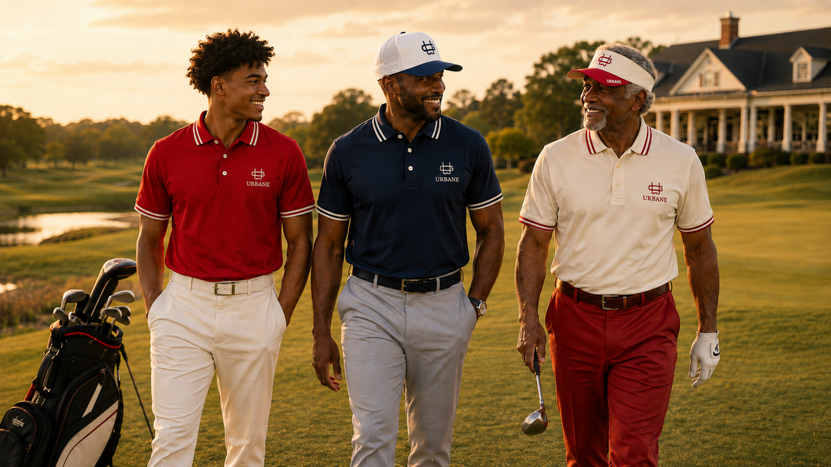Three men wearing Urbane Founders polos on the fairway